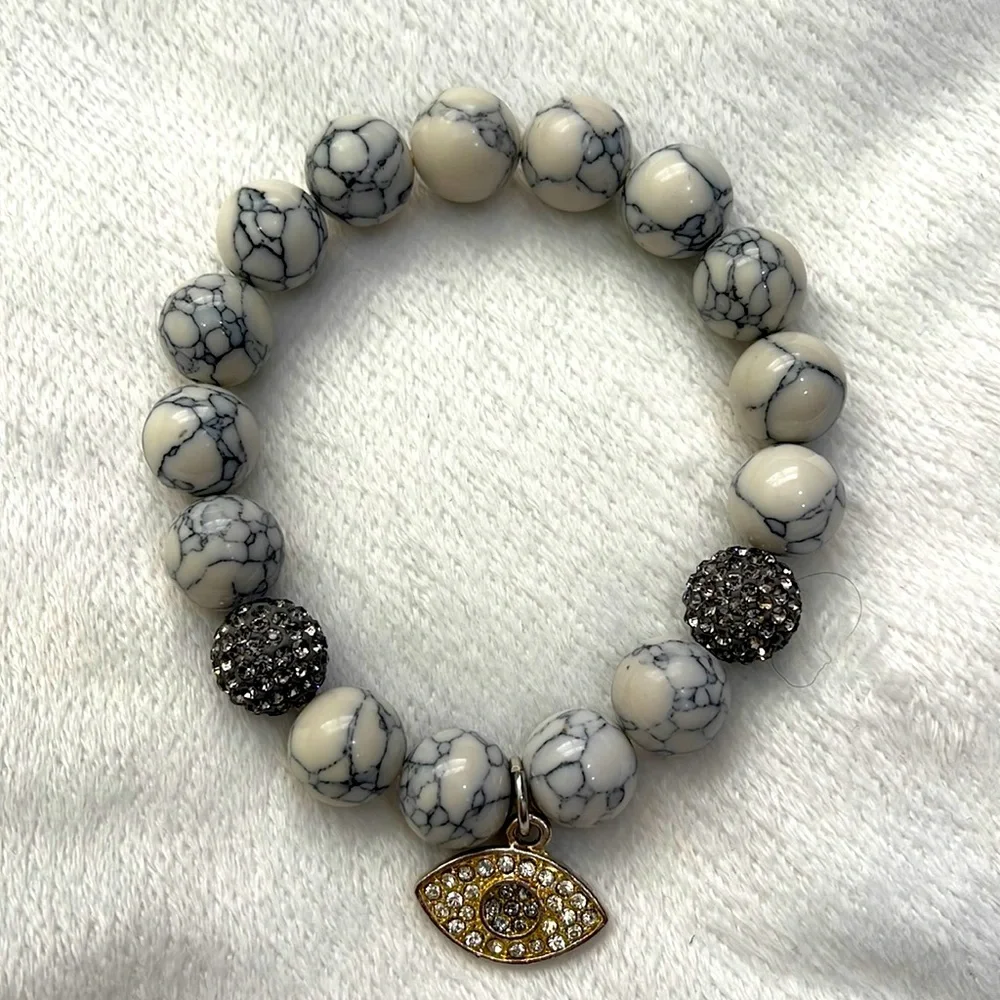 Evil Eye Marble Bead Crystals Stretch Bracelet
